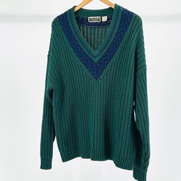 Vintage 90s Ivy Club Green Navy Cable Knit V-Neck Sweater - Picture 1 of 6
